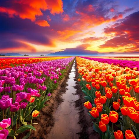 Premium AI Image | Arafed field of tulips with a sunset in the ...