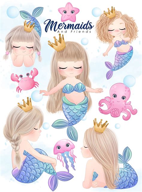 Cute Mermaid and Friends Clipart With Watercolor Digital - Etsy India