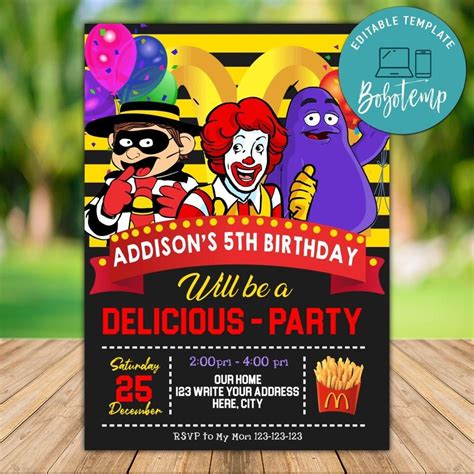 Editable Ronald McDonalds Birthday Invitation Instant Download | Bobotemp