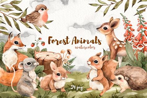 Watercolor Forest Cute Little Animals (1178657) | Illustrations | Design Bundles in 2021 ...