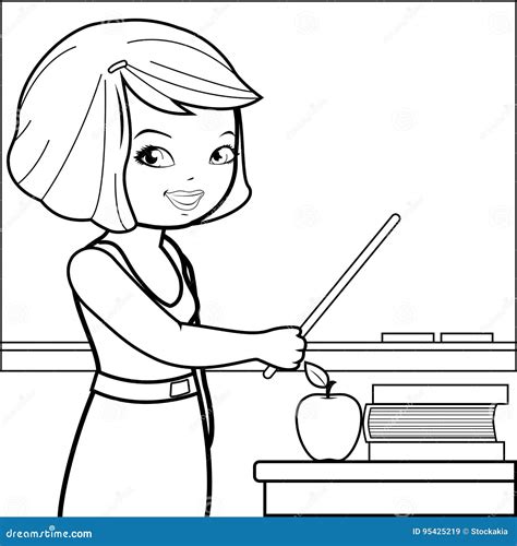 Teacher Teaching in the Classroom. Vector Black and White Coloring Page. Stock Vector ...