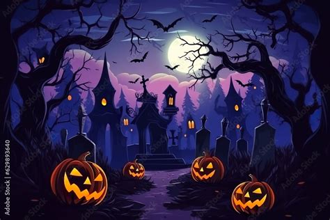 Halloween background with old cemetery gravestones spooky leafless ...