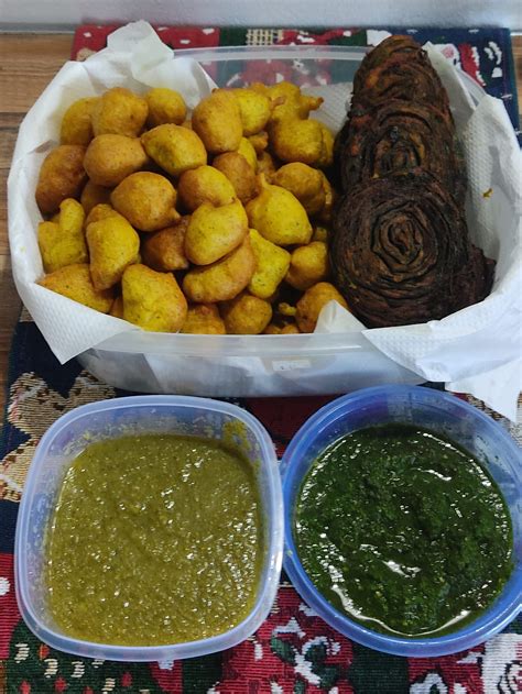 pholourie & rolled saheena with pommecythere chutney & shado beni ...