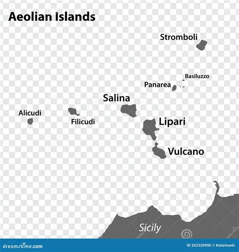 Blank Map Aeolian Islands In Gray. Every Island Map Is With Titles. High Quality Map Of Aeolian ...