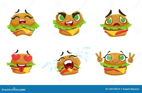 Cute Kawaii Hamburger Cartoon Character with Different Emotions Set, Funny Burger Emoticons ...