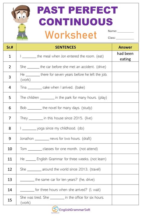 Past Perfect Continuous Tense Worksheet with Answers - EnglishGrammarSoft