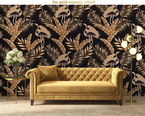 Gold Flamingo Bird and Leaves Wallpaper, Black Background, Self ...