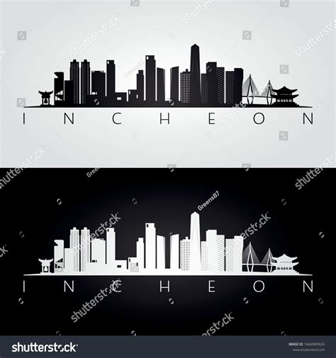 Incheon Skyline Landmarks Silhouette Black White Stock Vector (Royalty ...