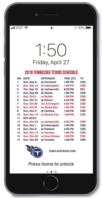 2019-2020 Tennessee Titans Lock Screen Schedule for iPhone 6-7-8 Plus