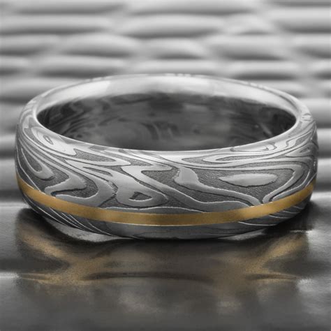 Domed Damascus Steel Ring With Light Oxide and an Offset 14K Yellow ...