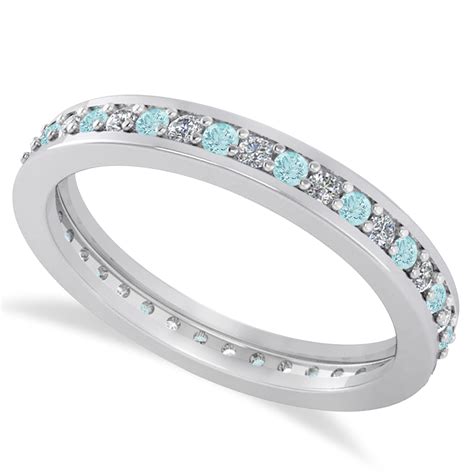 Diamond & Aquamarine Eternity Wedding Band 14k White Gold 0.59ct - AD6384