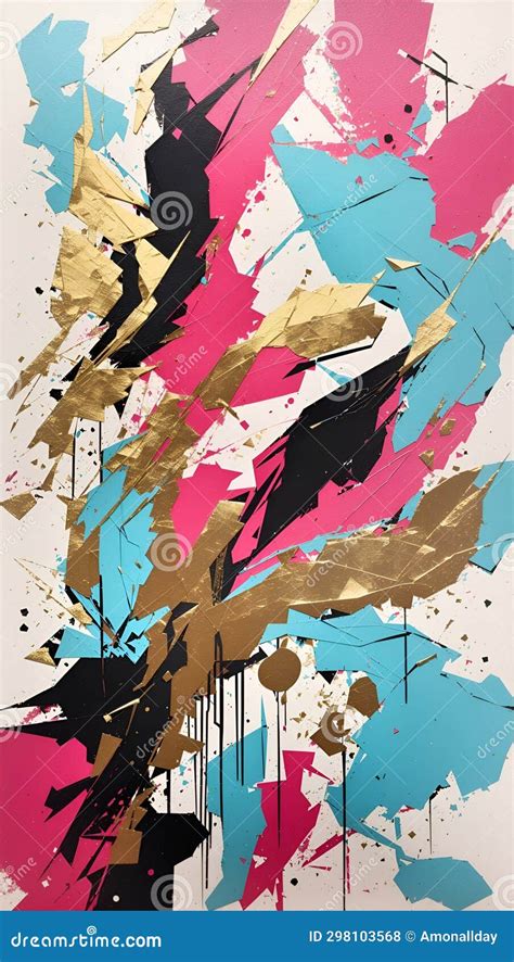 Cyan Magenta Black Abstract Acrylic Art Painting with Gold Background ...