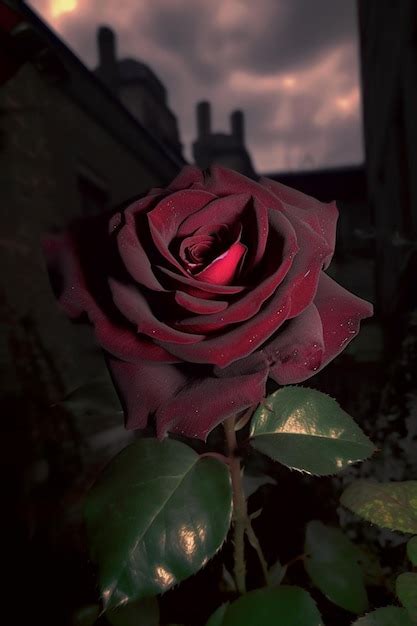 Premium AI Image | A red rose in a dark garden with a house in the ...