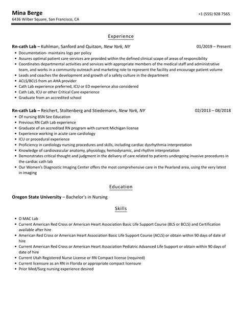 Rn-cath Lab Resume Samples | Velvet Jobs