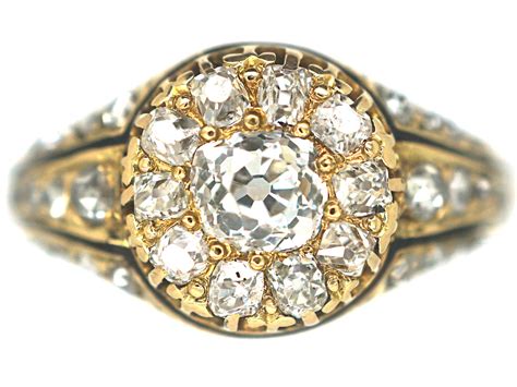 Victorian 18ct Gold & Diamond Cluster Ring with Black Enamel (504P ...