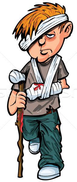 Cartoon injured white man with walking stick and bandages vector illustration © Anton Brand ...