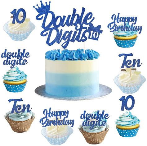 10th Birthday Cake Decorations Blue, Double Digits Cake & Cupcake Topper for Boys Tenth Birthday ...