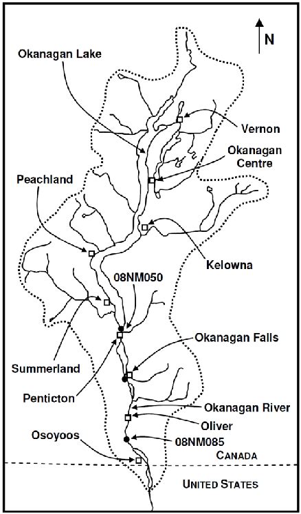 Schematic map of the Okanagan Valley watershed showing locations of... | Download Scientific Diagram