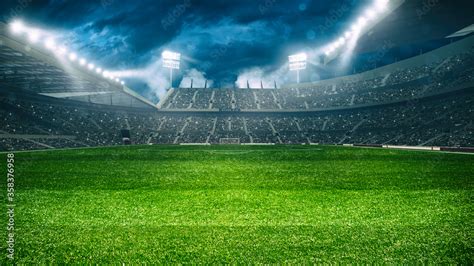 Football stadium with the stands full of fans waiting for the night game. 3D Rendering Stock ...