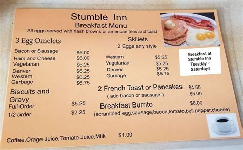 Menu at Stumble Inn pub & bar, Prophetstown