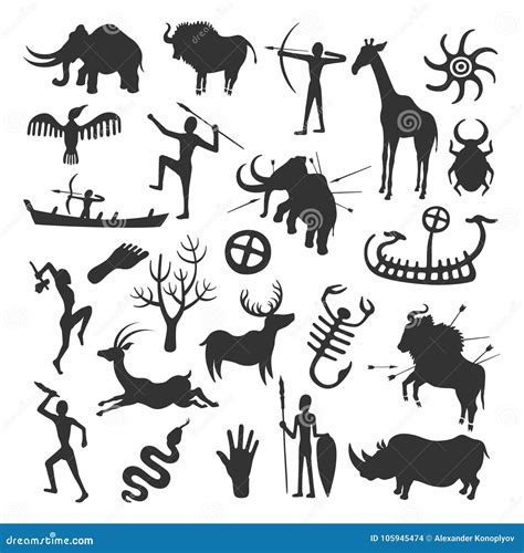 Cave painting set stock vector. Illustration of drawing - 105945474