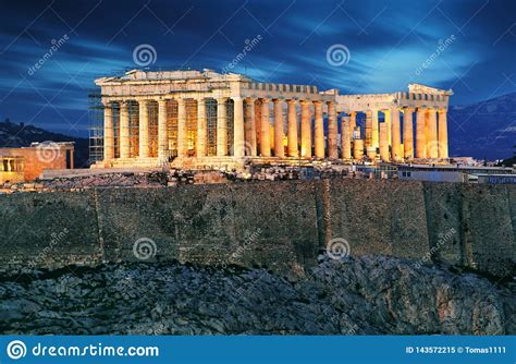 Acropolis Hill - Parthenon Temple in Athens at Night, Greece Stock ...