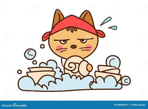 Cute Cat washing dishes. stock illustration. Illustration of washing - 88960241