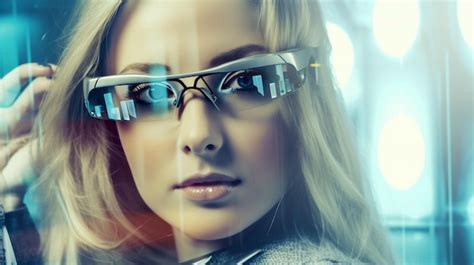 Premium Photo | Woman wearing future smart glasses on a hightech backdrop generative ai