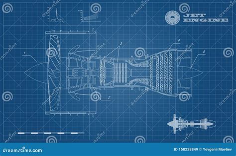 Jet Engine Of Airplane In Outline Style. Industrial Aerospase Blueprint. Drawing Of Plane Motor ...