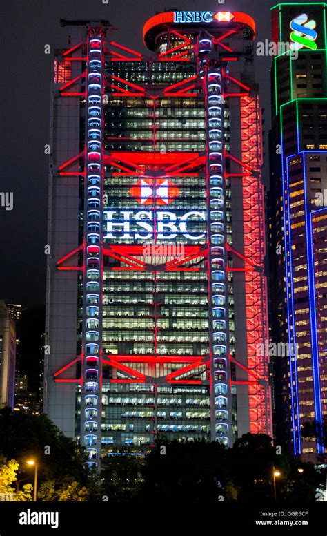 The HSBC headquarter in Central Hong Kong is illuminated for their 150th anniversary Stock Photo ...