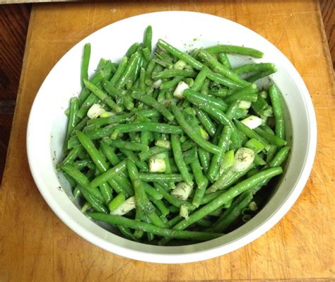 German green bean salad: 1 package frozen (rinsed) green beans from Aldi, 6 green onions chopped ...