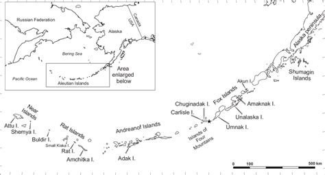 The Aleutian Islands map showing locations of major island groups and ...