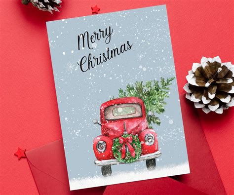 Printable Christmas Card With Red Truck Digital Download Printable Art Digital Card Digital Art ...