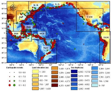 Earthquake events in the Pacific Ocean (red: with tsunami events and... | Download Scientific ...