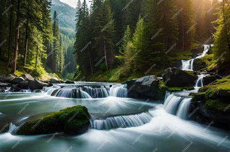 Premium AI Image | a waterfall in the mountains with a forest in the ...