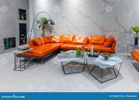 Modern Living Room Furniture in House Orange Leather Sofa Stock Photo - Image of decor, indoor ...