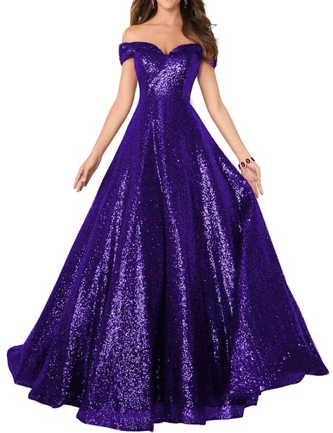 MonaBridal Women's Purple Sparkly Dress | Off-The-Shoulder Prom Dress A Line Sparkly Sequins ...