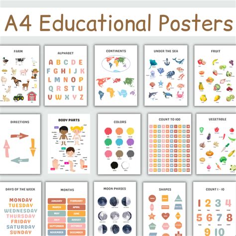 A4 Laminated Educational Posters, Learning Chart Set For Kids and Toddlers, Home School Prints ...