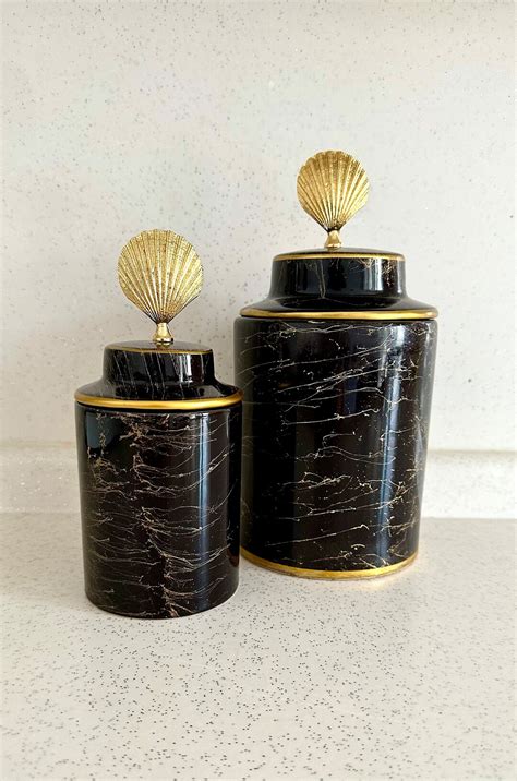 Black Ceramic Canister Set of 2, Ceramic Ginger Jar, Tea Box Set, Gold Striped, Gold With Metal ...