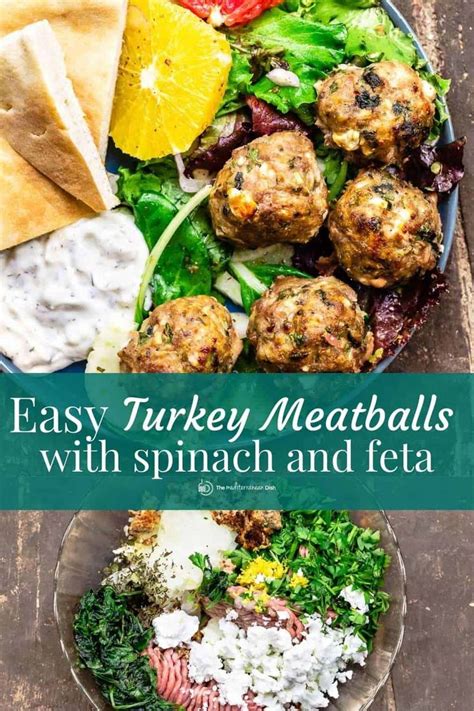 an easy turkey meatballs with spinach and feta salad