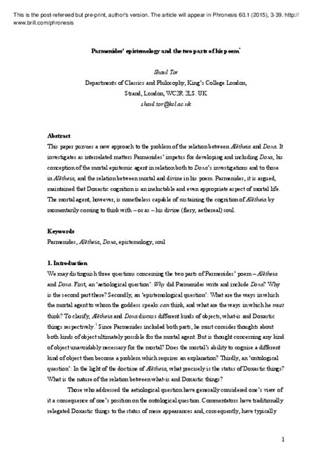 (PDF) Parmenides’ epistemology and the two parts of his poem | Shaul Tor - Academia.edu