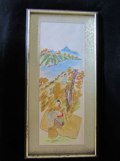 Asian Silk Wall Hanging Depicts a Harvesting Scene. Artwork is a ...