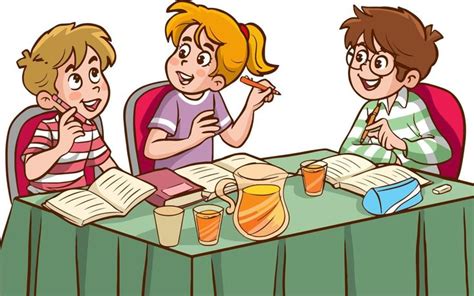 cute little kids studying together at the table. students doing group work together cartoon ...