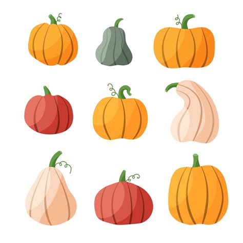 Pumpkin autumn hand drawn set. Thanksgiving and Halloween Elements. Green, yellow, orange and ...