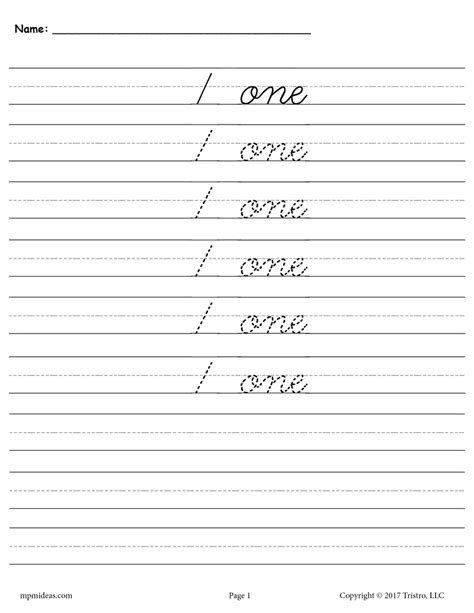 FREE Printable Number One Cursive Handwriting And Tracing Worksheet – SupplyMe Handwriting ...