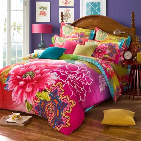 Twin full queen size 100%cotton Bohemian Boho Style colourful pink green bedding sets duvet ...