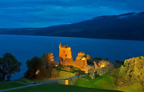 Wallpaper mountains, night, lights, lake, Scotland, Loch Ness, Urquhart castle images for ...