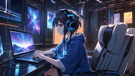 Anime girl working with computer 4K wallpaper download