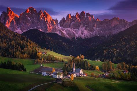 Last light on the tops behind one of the most beautiful villages in the world in the Dolomites ...