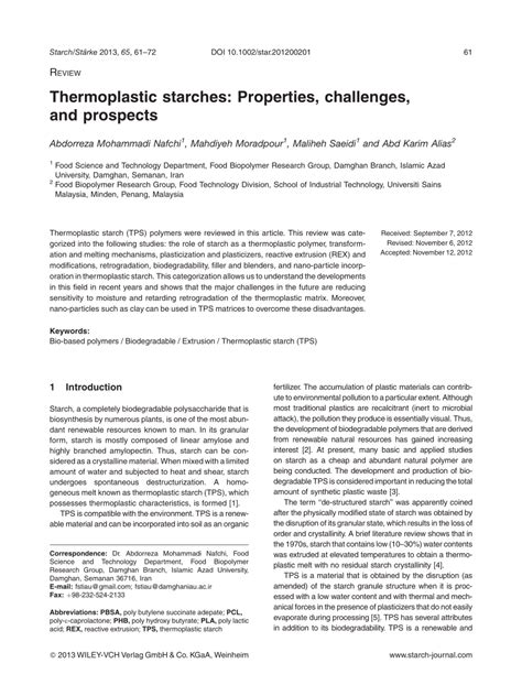 (PDF) Thermoplastic starches: Properties, challenges, and prospects